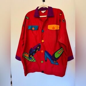 VTG Silkscapes Oversized Button Down Shoes Colorful Silk Cotton Big Button S1